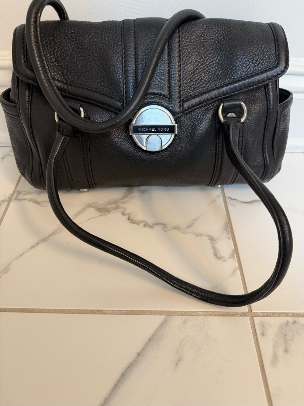 Michael Kors Black Pebbled Leather Shoulder Bag with Silver Turn-Lock